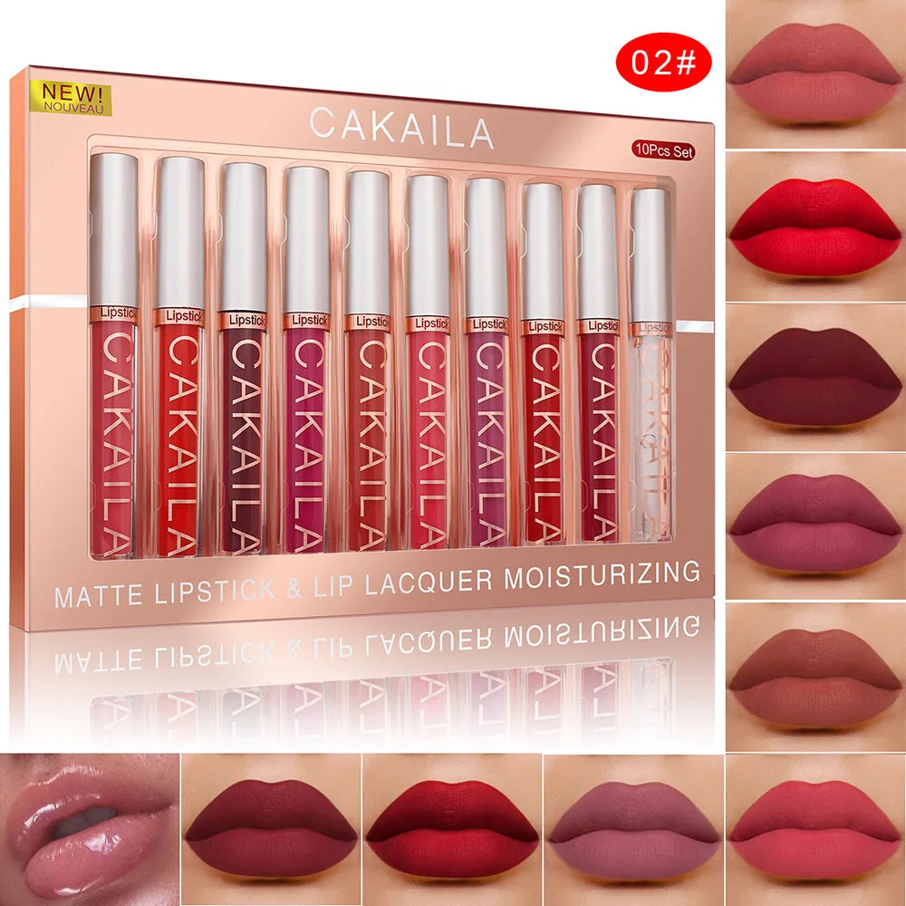 CAKAILA 10PCS Nude Lip Gloss Set – Matte, Velvet, Waterproof, Long-Lasting