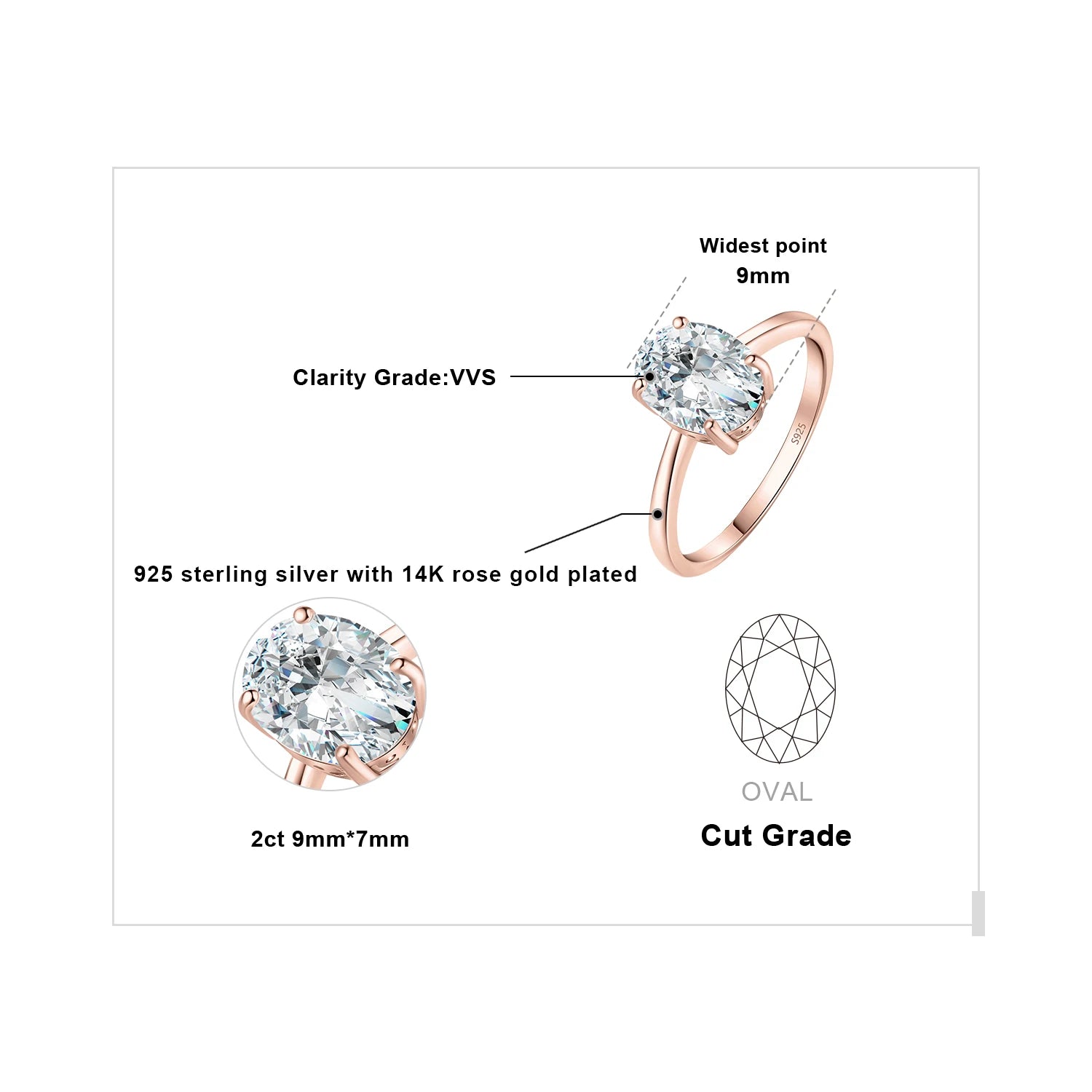 1ct 2ct Oval Moissanite Solitaire Ring 925 Silver