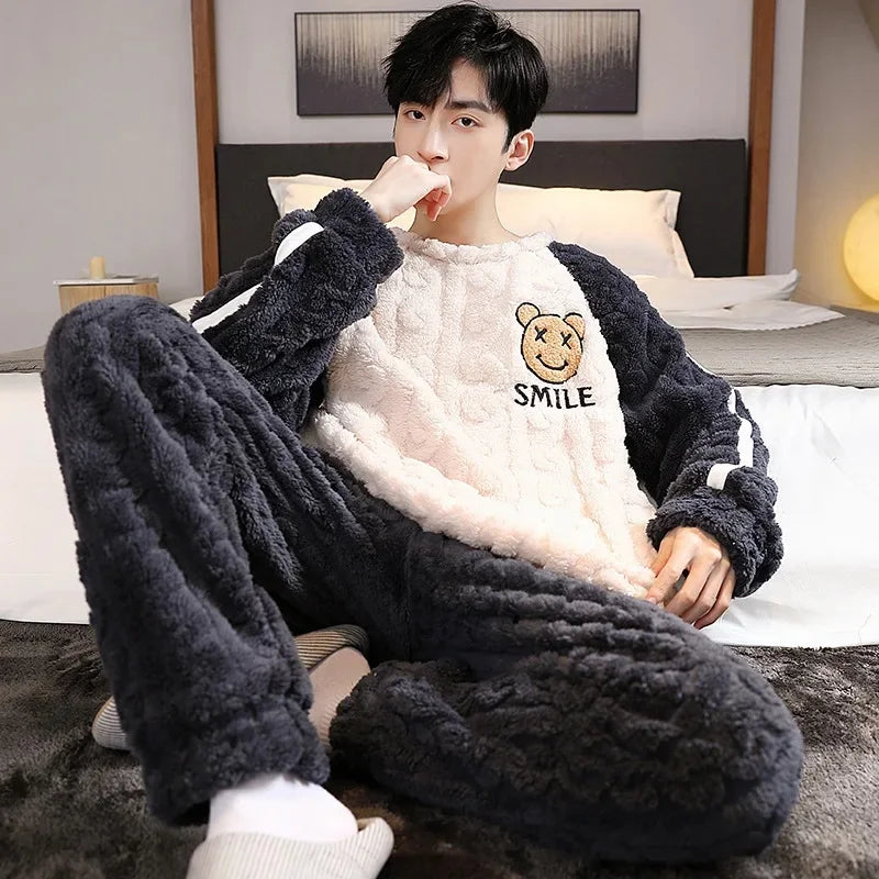 Men's Coral Fleece Pajamas – Thickened, Warm, Two-Piece, Autumn/Winter