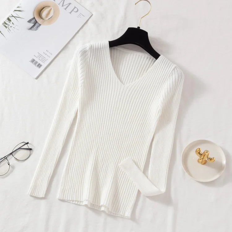 Women’s Autumn Winter V-Neck Knitted Pullover Sweater – Casual Long Sleeve Top