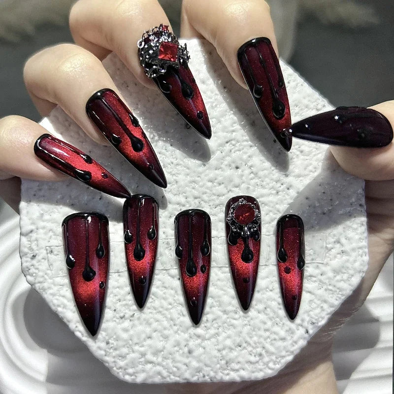 10PCS Dark Red Press-On Nails – Long Tips, Handmade, Cat Eye Glitter & Chains