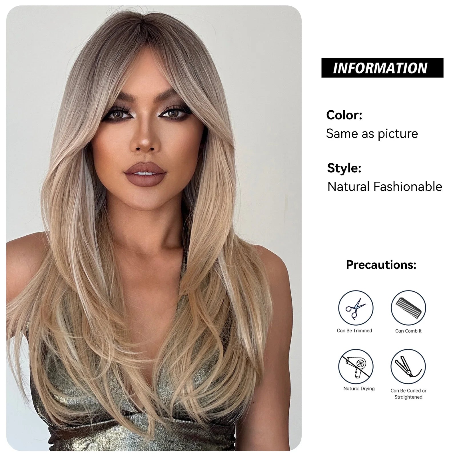 Long Blonde Wig – Straight Layered, Platinum Highlights, Bangs, Synthetic, Heat-Resistant, Daily Use