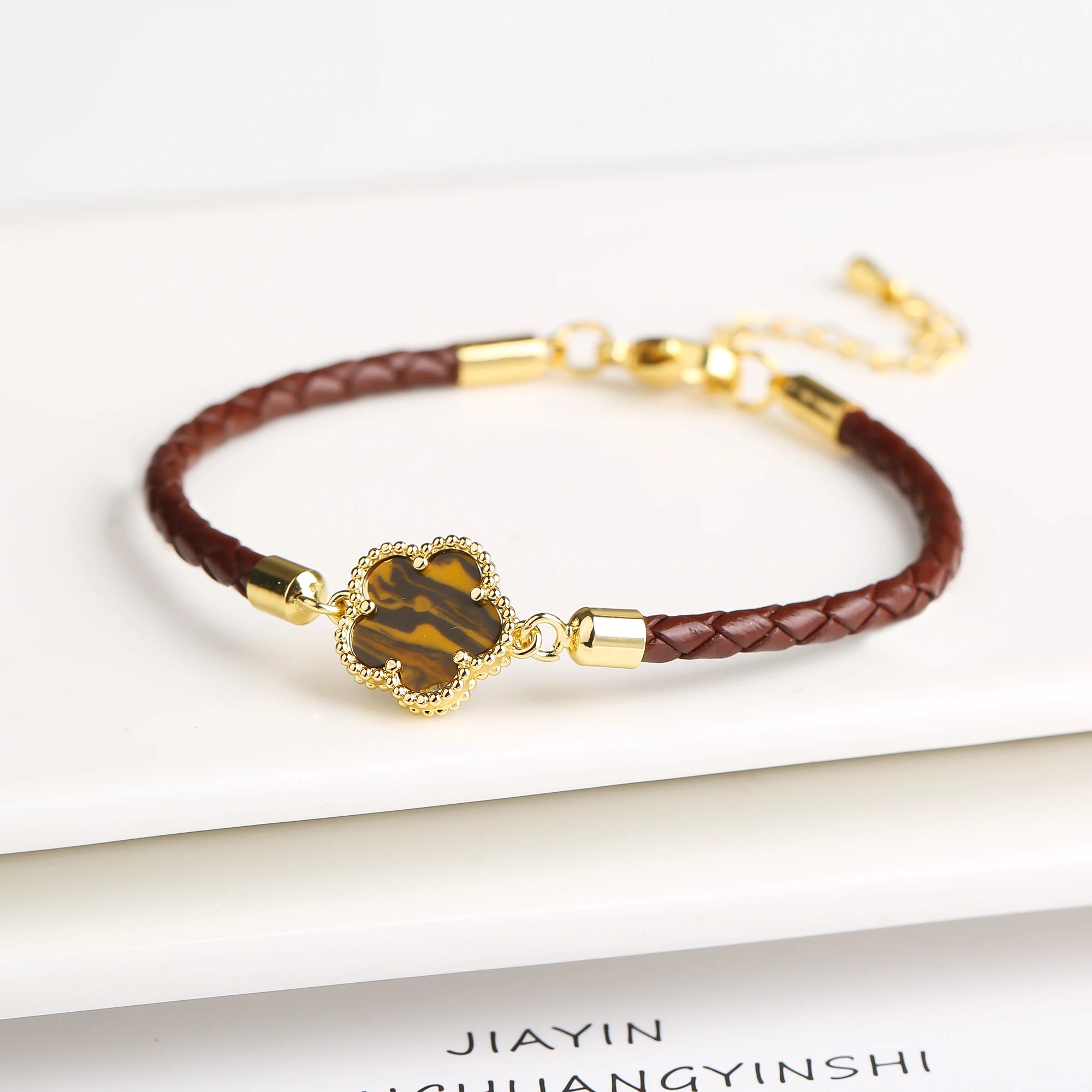 Genuine Leather Five-Leaf Flower Charm Bracelet – Women’s Fashion