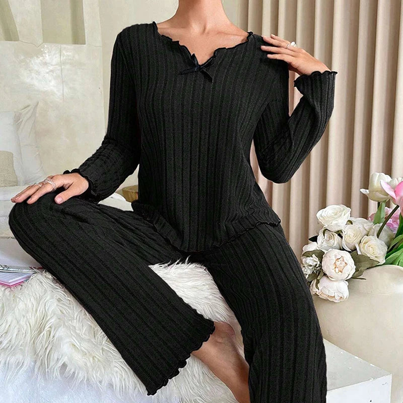Women Autumn Winter Sleepwear Ribbed Pajamas Set Long Sleeve Top and Long Pants 2 Piece Set Casual Homewear Loungewear