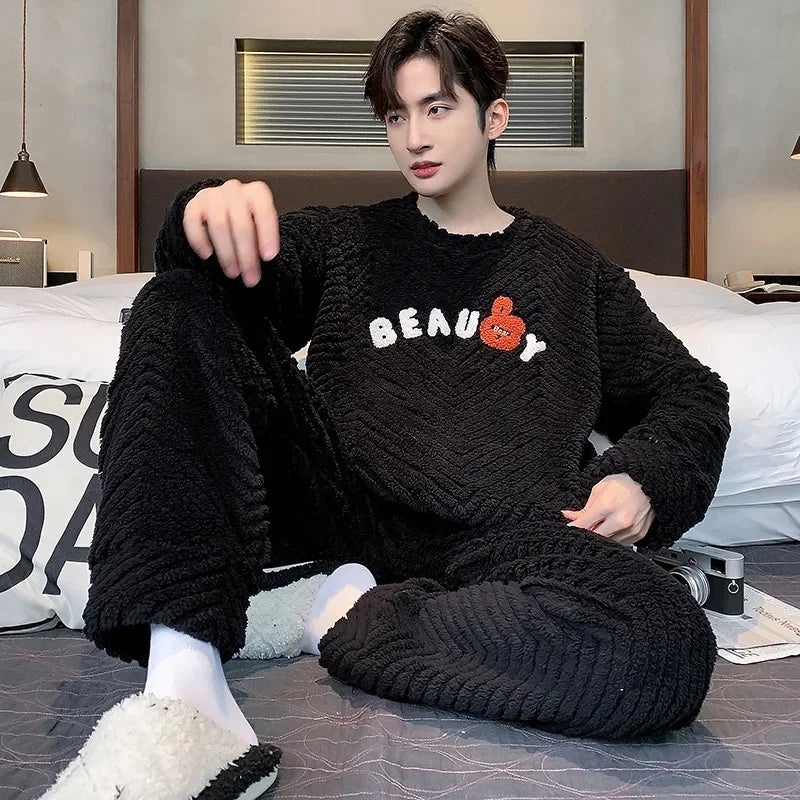 Men's Coral Fleece Pajamas – Thickened, Warm, Two-Piece, Autumn/Winter