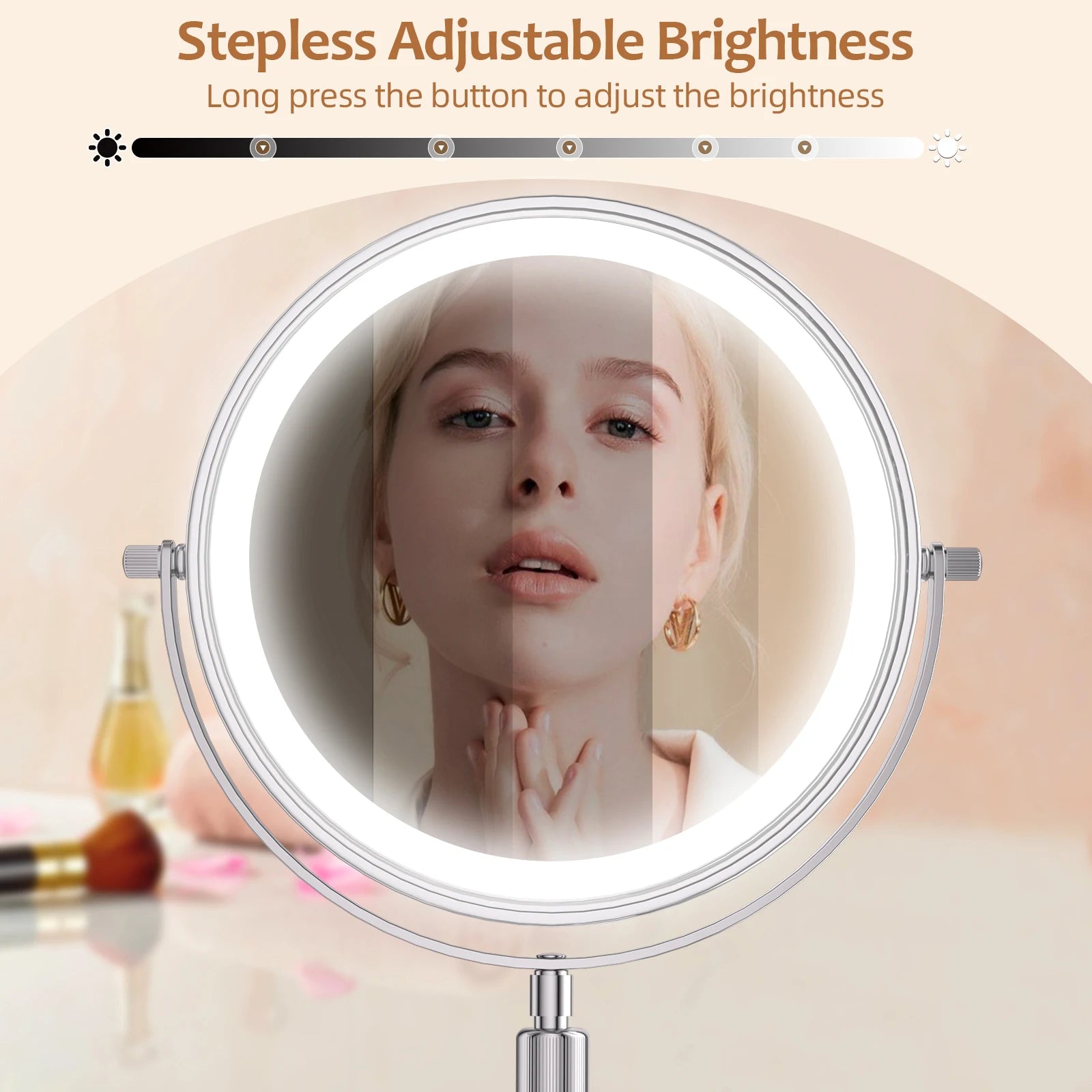 3-Color LED Makeup Mirror – 10X Magnification, 8 Inch, Adjustable Brightness & Height