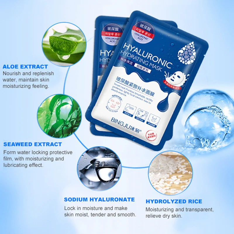 10PCS Hyaluronic Acid Face Mask – Moisturizing, Oil-Control, Anti-Aging, Whitening