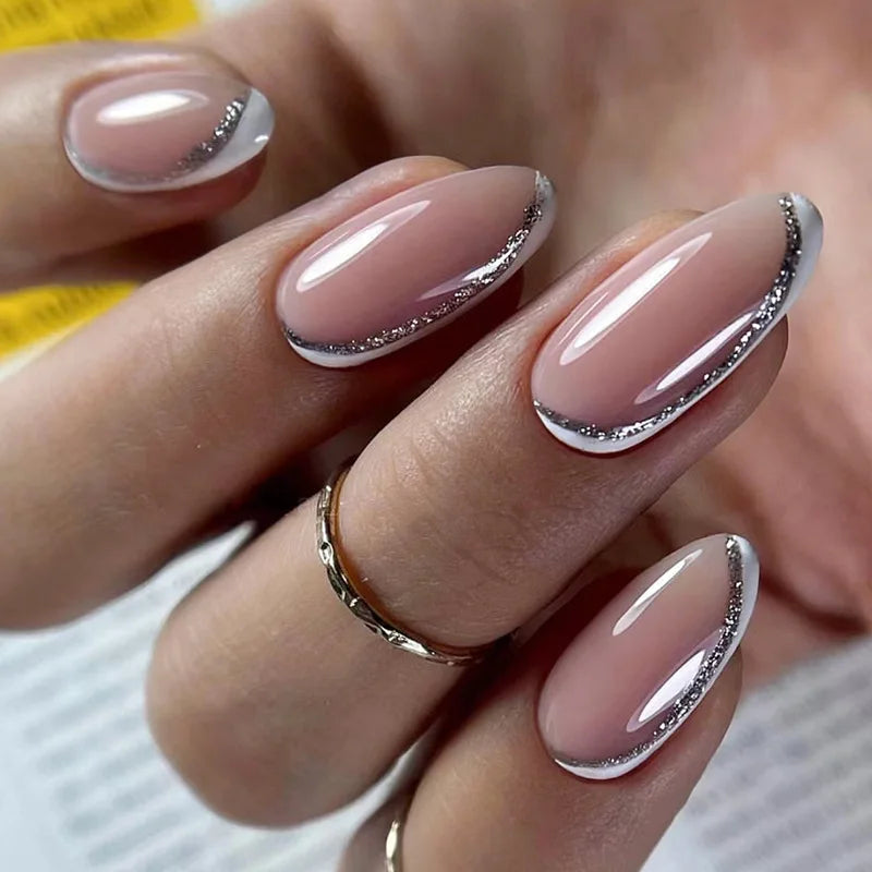 Medium Acrylic Almond Fake Nails – Removable Press-On, French Style, Europe/USA Design