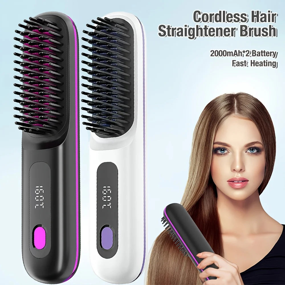 Cordless Hair Straightener Brush – Hot Comb, USB Type-C, Anti-Scald, Rechargeable