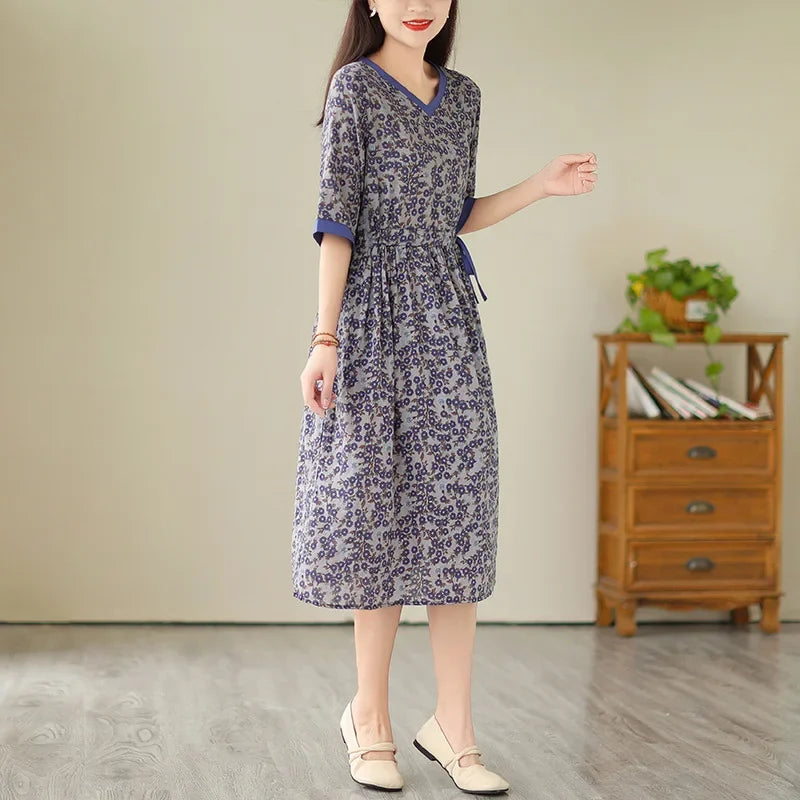 Summer Korean-Style Floral Belted V-Neck Dress