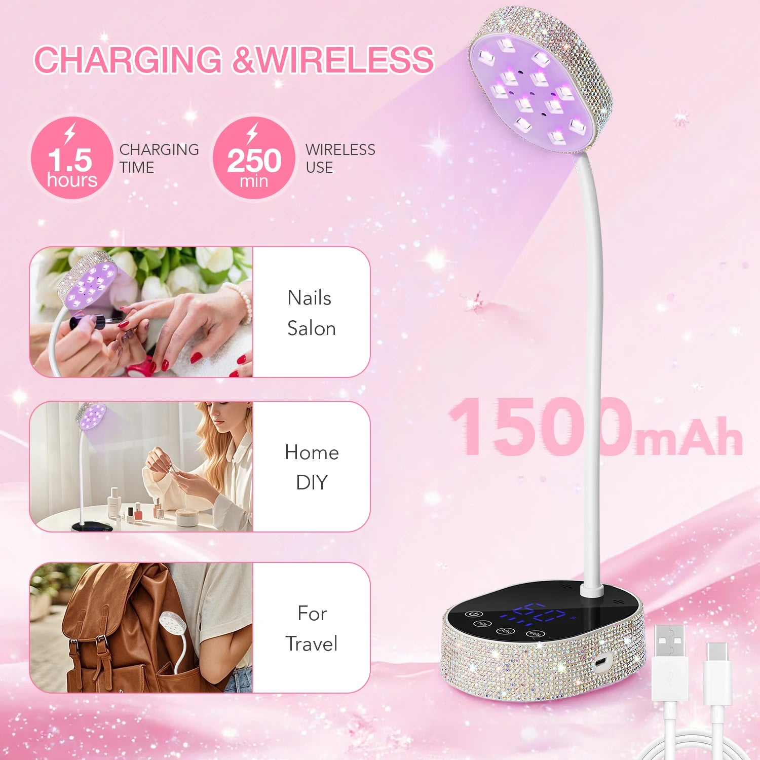 DianaBeauty UV LED Nail Lamp – Silver, Rechargeable, Touch Screen, 3 Timers, Auto Sensor