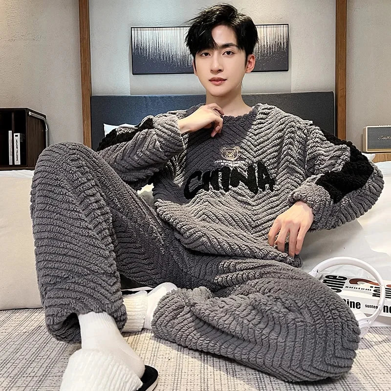 Men's Coral Fleece Pajamas – Thickened, Warm, Two-Piece, Autumn/Winter
