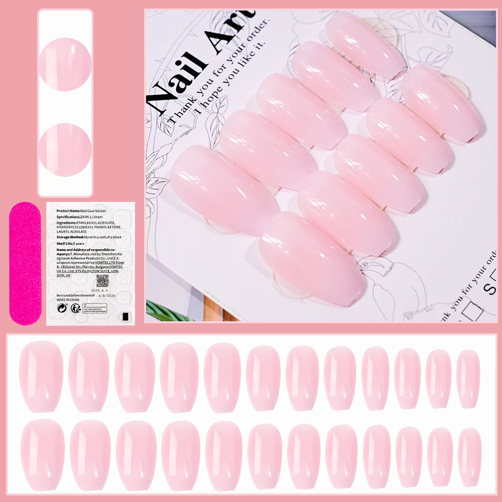 24PCS Pearl Bow Press-On Nails – Nude Pink, White French Almond, Full Cover, Includes Tools