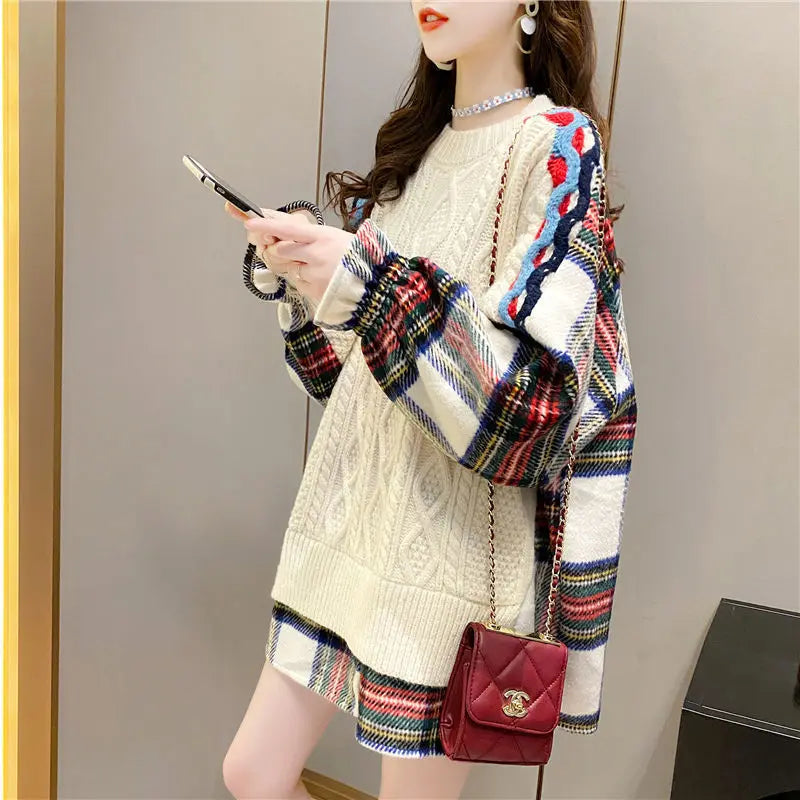 Miniso Oversized Sweater Dress – Patchwork Knit Long Top for Women, Plus Size Casual Style