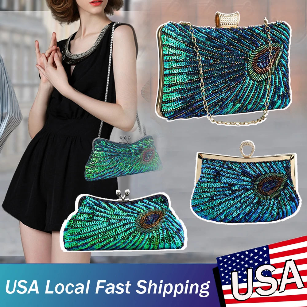 Sequin Peacock Clutch – Luxury Women’s Evening & Party Handbag