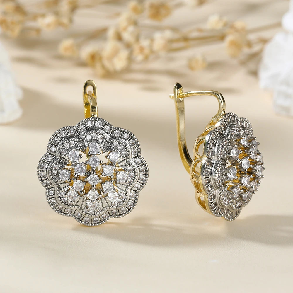 Large Two-Color Hollow Flower Earrings – 14K Gold Plated