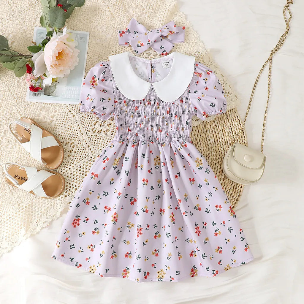 2PCS Girls Summer Dress – Peter Pan Collar, Short Sleeve, Floral, with Headband, Ages 4–7