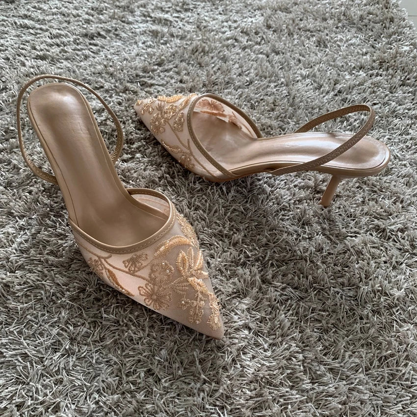 Mesh Embroidered Beaded High Heel Sandals – Women’s Pointed Toe Slingback Mules