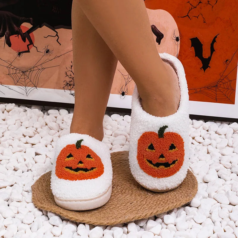 Cozy Halloween Pumpkin Plush Slippers – Women's Non-Slip Indoor Winter Slides