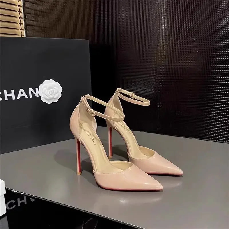 Women's Black Pointed Toe Thin Heel Red Sole Sandals
