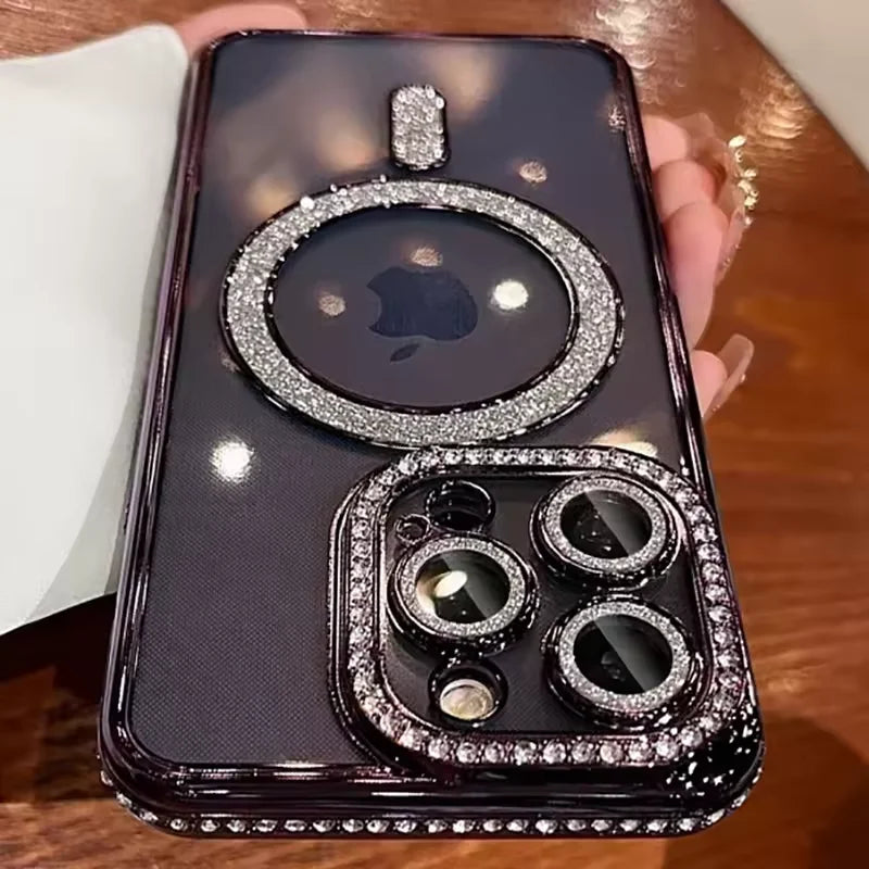 Glitter Diamond Transparent iPhone Case – Magnetic Wireless Charging Compatible