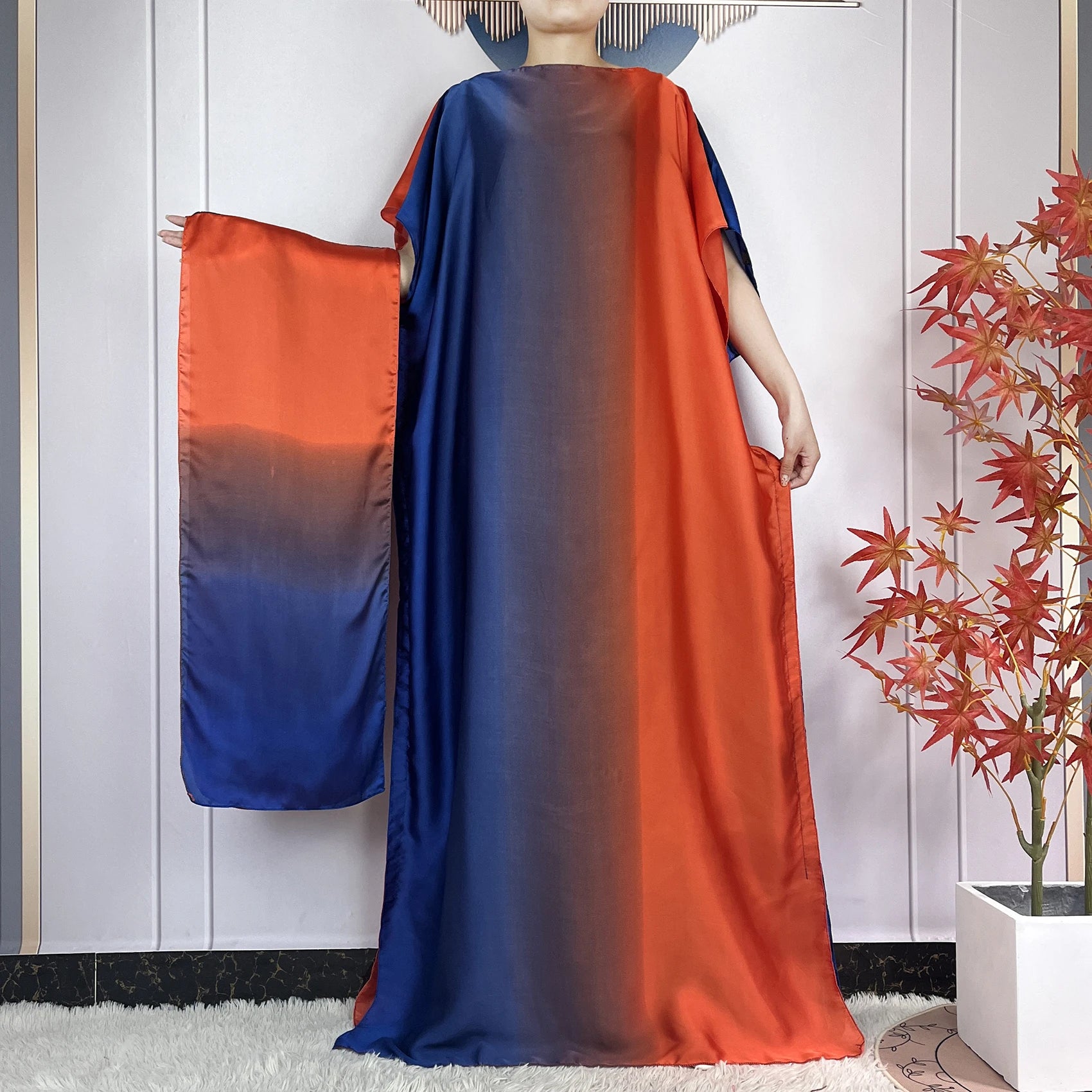 Dubai Printed Silk Maxi Dress with Turban – Loose Casual Islamic Fashion for Women