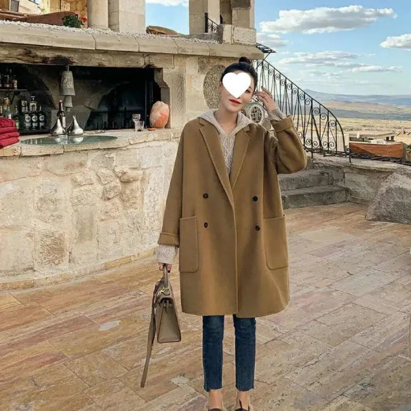 Veste Femme Grande Taille Mi-Longue – Laine Double-Face, Simple Boutonnage, Coupe Large, Style Coréen, Col Costume