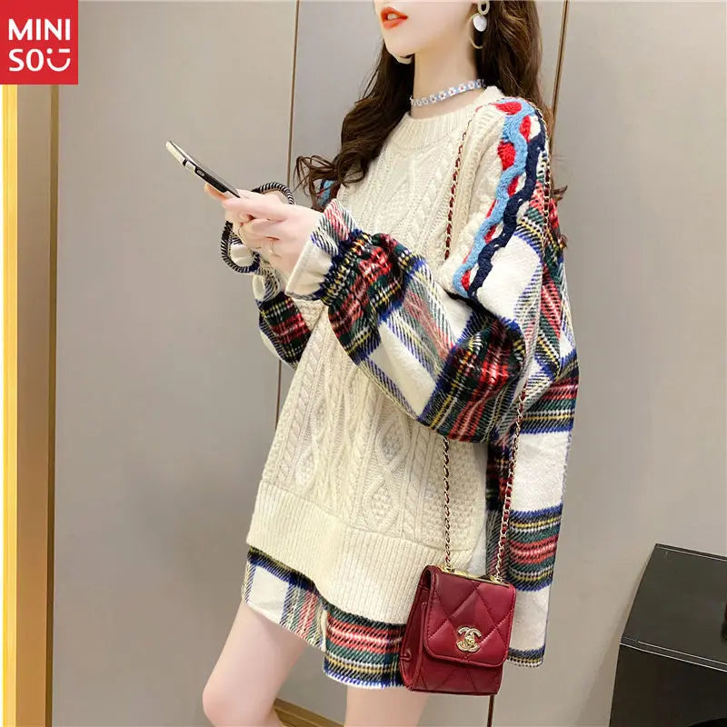 Miniso Oversized Sweater Dress – Patchwork Knit Long Top for Women, Plus Size Casual Style