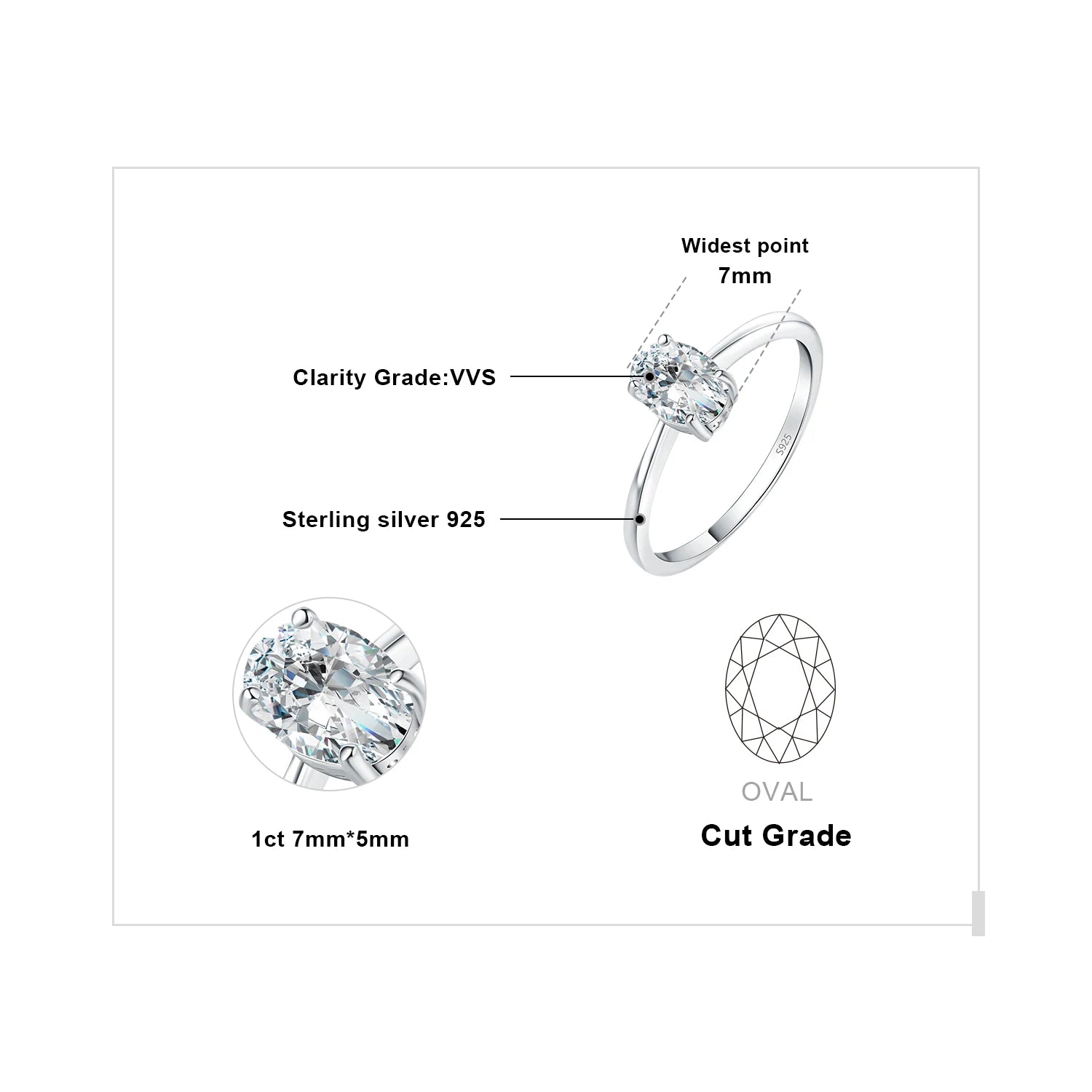 1ct 2ct Oval Moissanite Solitaire Ring 925 Silver