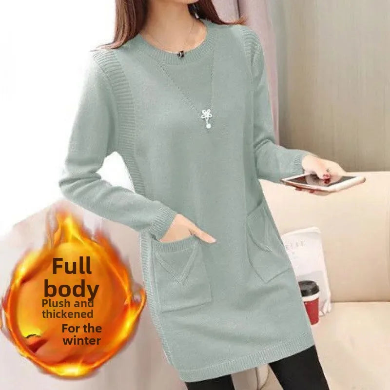 Pull Femme Tricot Mi-Long – Coupe Ample, Doublé Polaire, Style Coréen