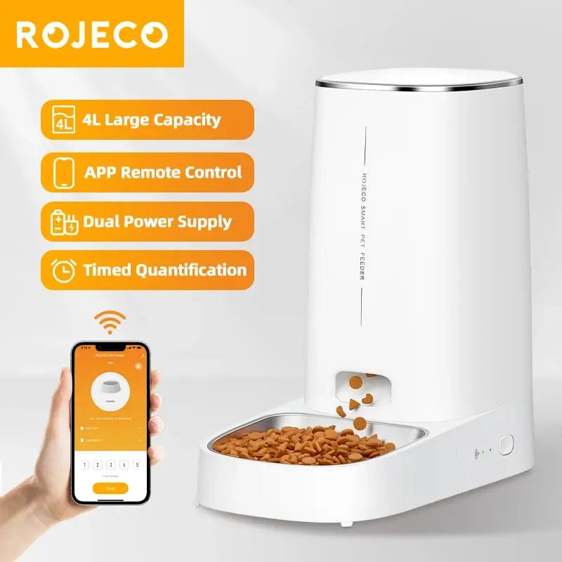 ROJECO Smart Automatic Cat Feeder – WiFi, Remote Control, Kibble Dispenser for Cats & Dogs