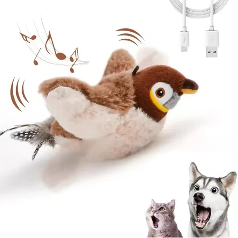Interactive Plush Bird Toy – Rechargeable, Chirping & Flapping, Touch-Activated for Cats & Dogs