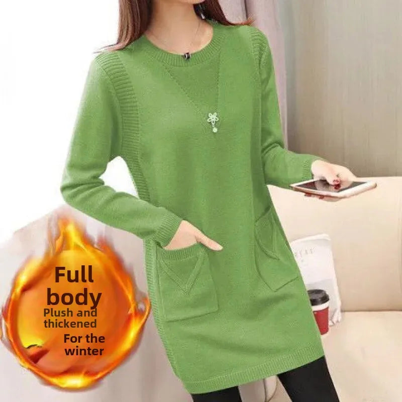 Pull Femme Tricot Mi-Long – Coupe Ample, Doublé Polaire, Style Coréen