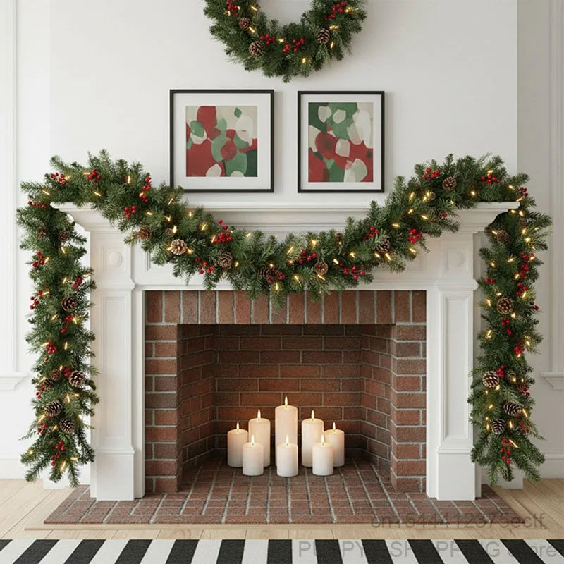 🎀 2.7M Pinecone & Red Berry Christmas Garland – Décor de Noël Élégant