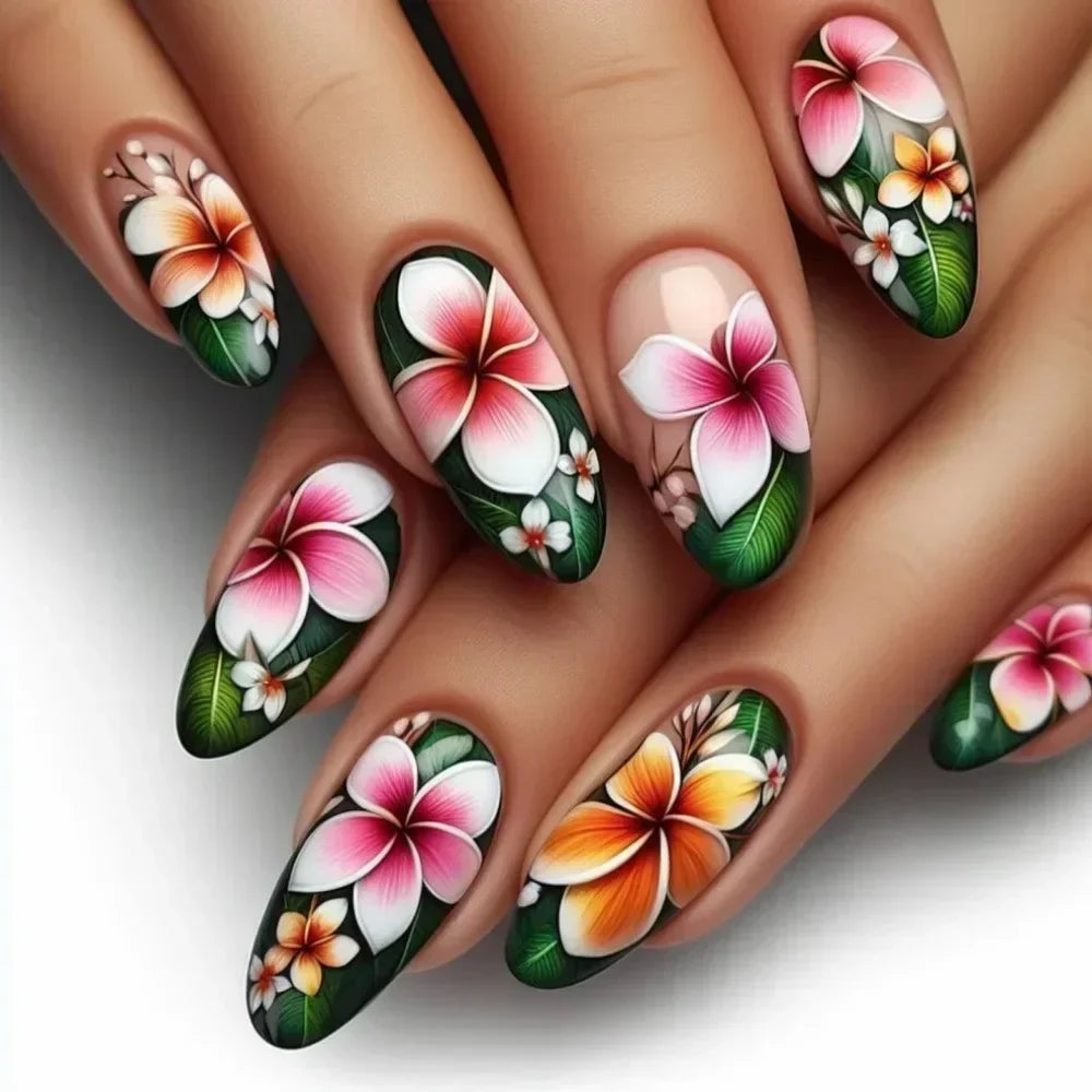 24pcs Matte Almond Press-On Nails with Rose Leaf Design