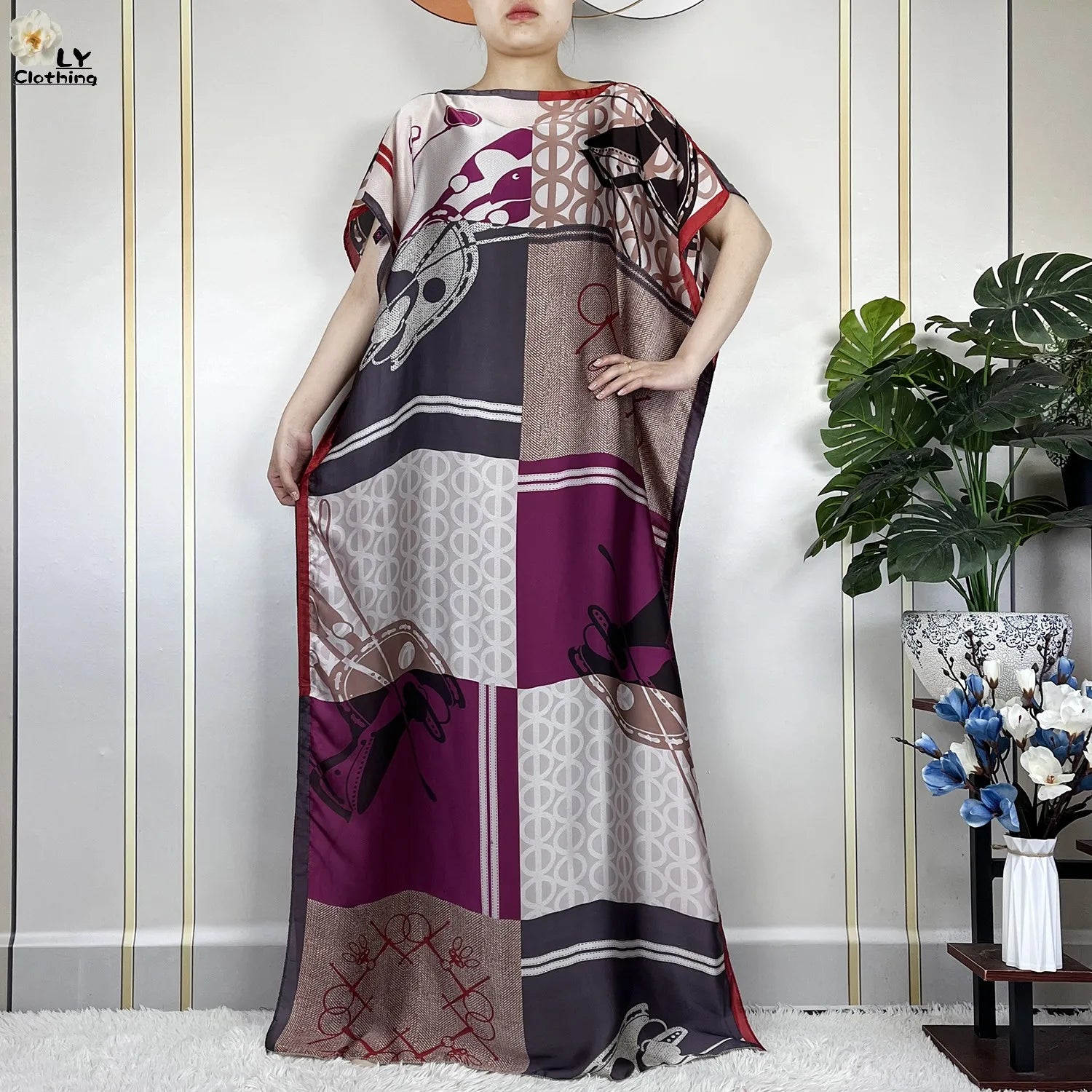Dubai Printed Silk Maxi Dress with Turban – Loose Casual Islamic Fashion for Women