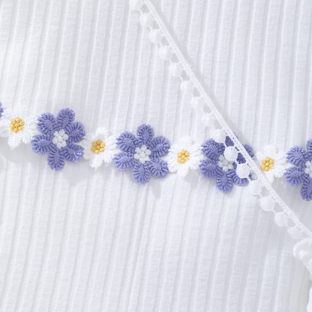 Girls Summer Romper – Short Puff Sleeve, Solid Color, Belt & Flower Satchel, Casual Fashion