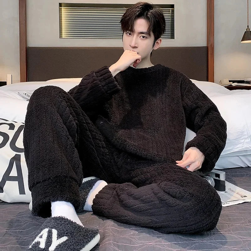 Men's Coral Fleece Pajamas – Thickened, Warm, Two-Piece, Autumn/Winter