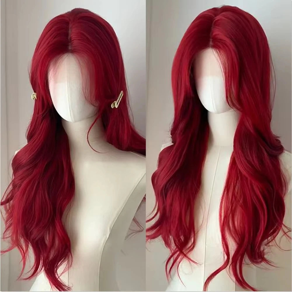 Red Synthetic Wig – Long Wavy, Natural Hairline, Heat-Resistant, Daily/Party/Cosplay