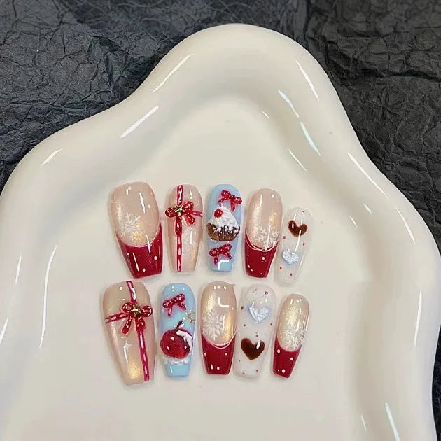 3D Christmas Press-On Nails – Snowflake & Bow, Handmade, 10PCS