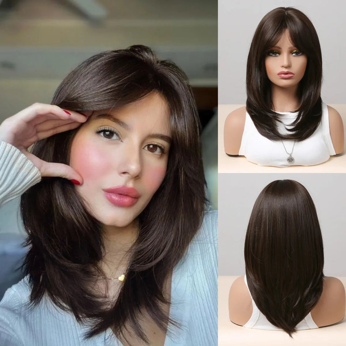 Long Blonde Wig – Straight Layered, Platinum Highlights, Bangs, Synthetic, Heat-Resistant, Daily Use