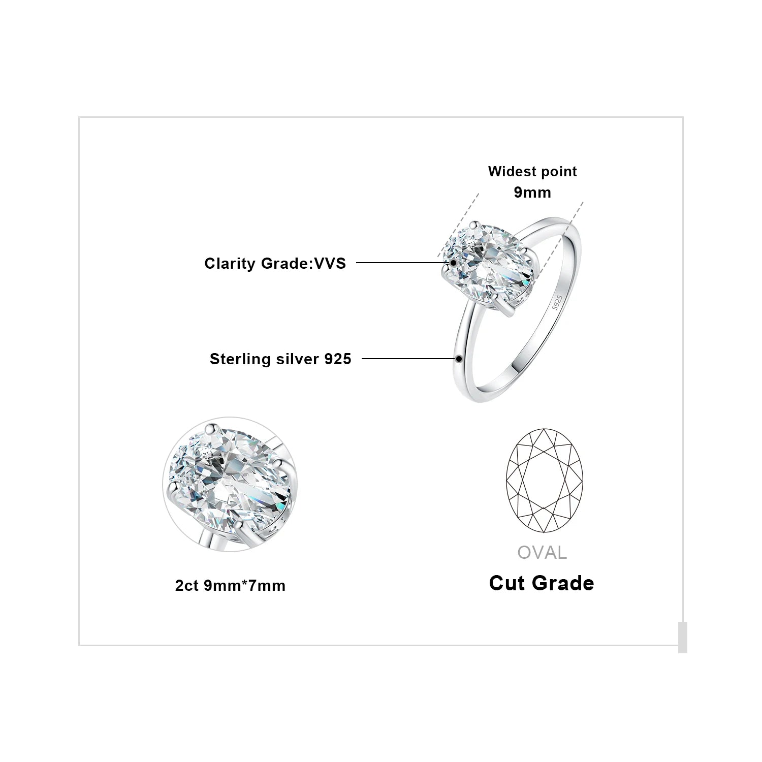 1ct 2ct Oval Moissanite Solitaire Ring 925 Silver