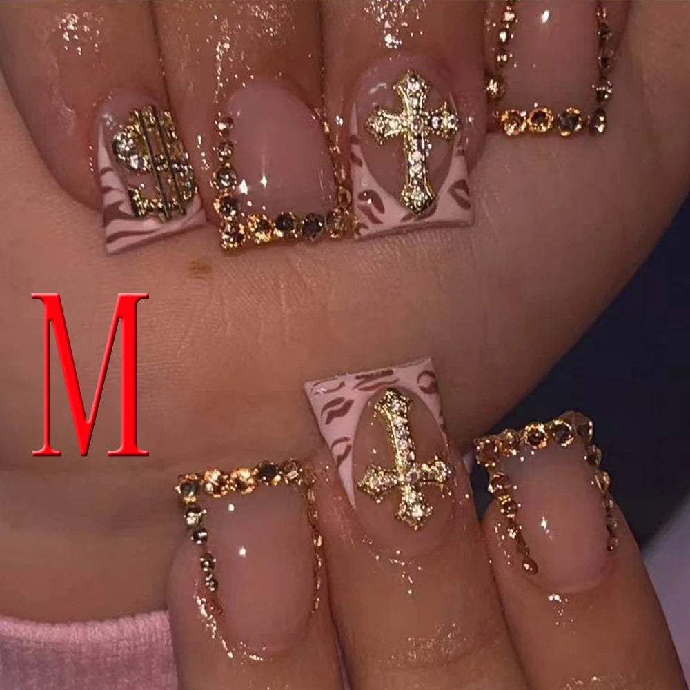 10PCS Y2K French Fake Nails – Short Square, Pointed, Gold Rhinestone & Leopard Print, Acrylic