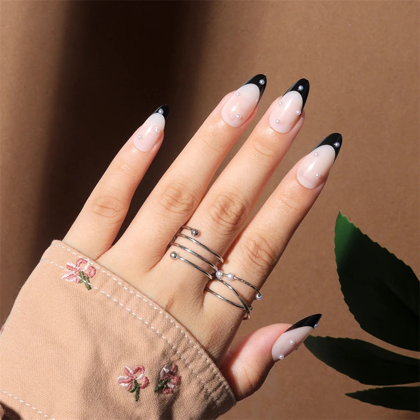 Medium Acrylic Almond Fake Nails – Removable Press-On, French Style, Europe/USA Design