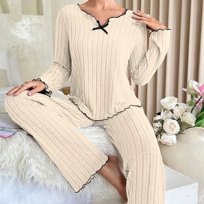 Women Autumn Winter Sleepwear Ribbed Pajamas Set Long Sleeve Top and Long Pants 2 Piece Set Casual Homewear Loungewear