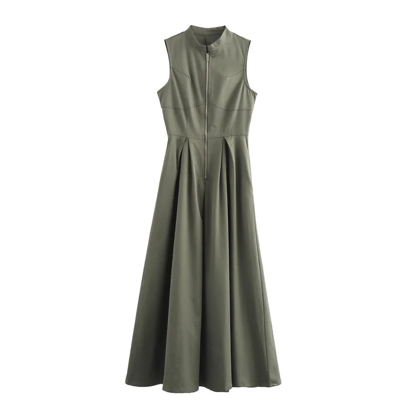 MUJER  Women’s Elegant Pleated Bodycon Midi Dress – Sleeveless Zipper Party Dress