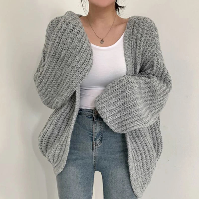 Cardigan Femme Vintage – Manches Lanternes, Style Coréen, Automne, Décontracté Y2K