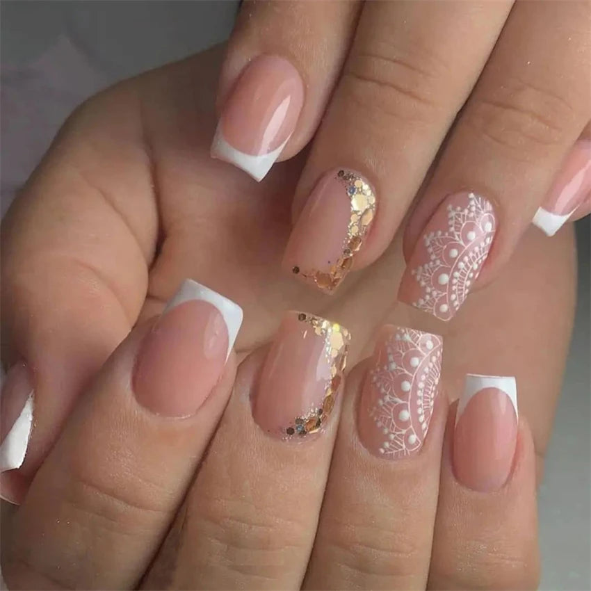 24pcs Wine Red Glitter Gradient Press-On Nails