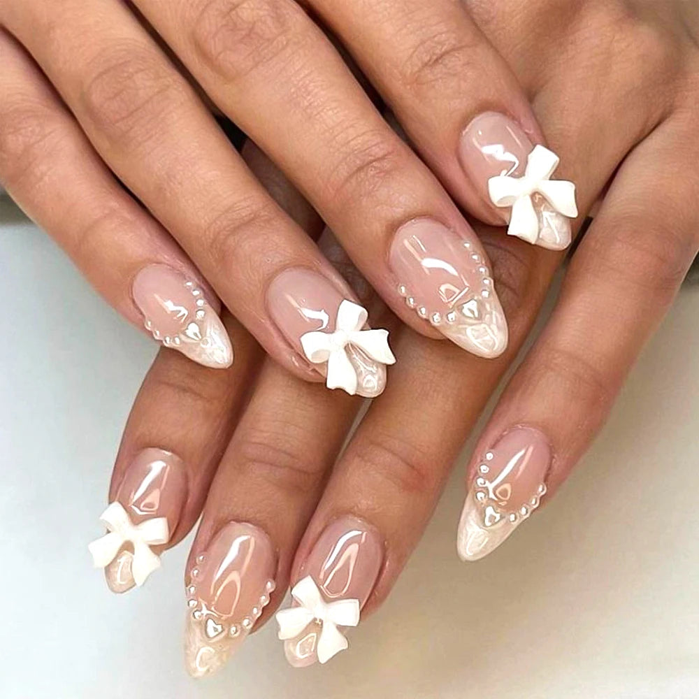 24PCS Pearl Bow Press-On Nails – Nude Pink, White French Almond, Full Cover, Includes Tools