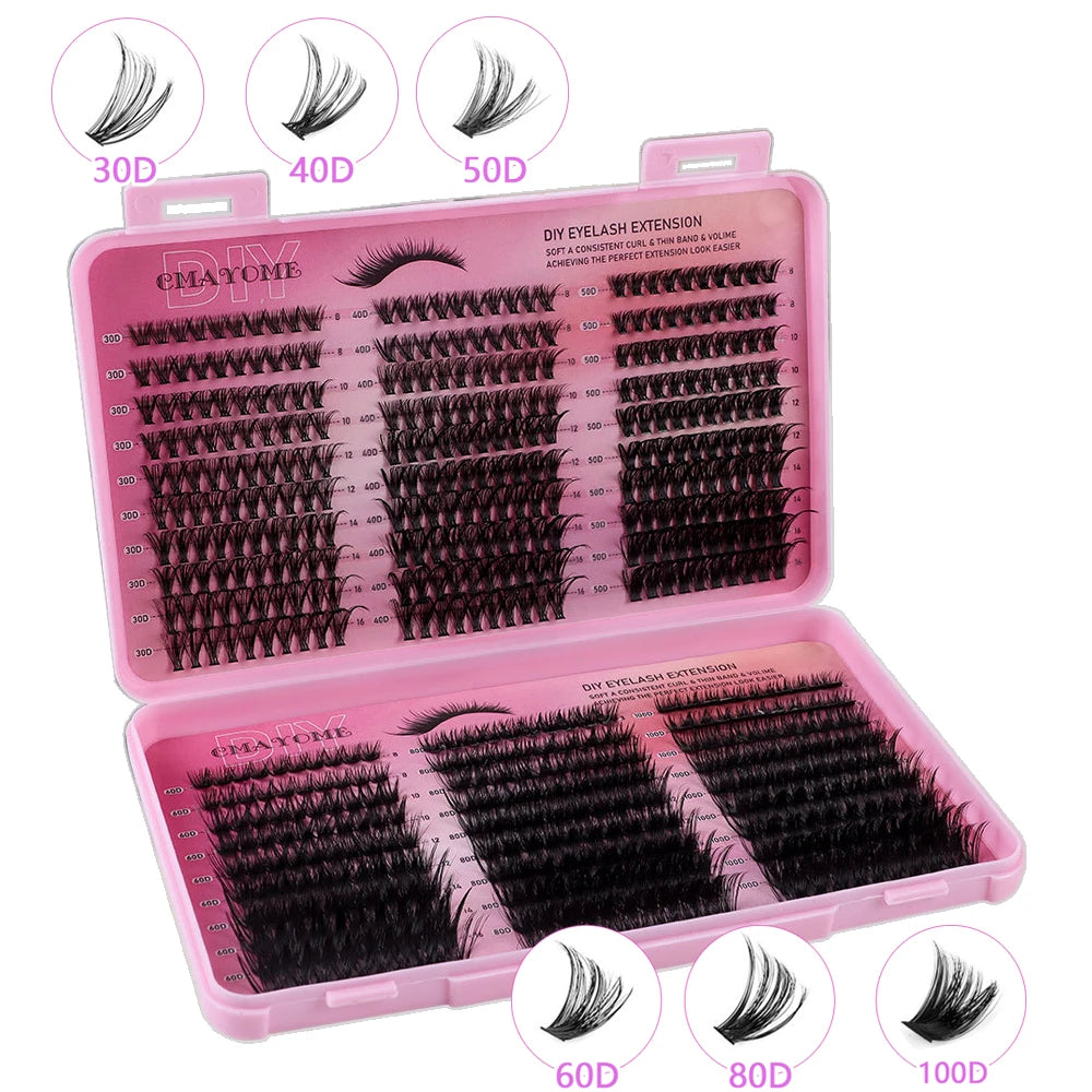 600PCS Eyelash Extensions – Thick Fluffy, 30D/100D, Mixed Length, DIY Cluster Lashes